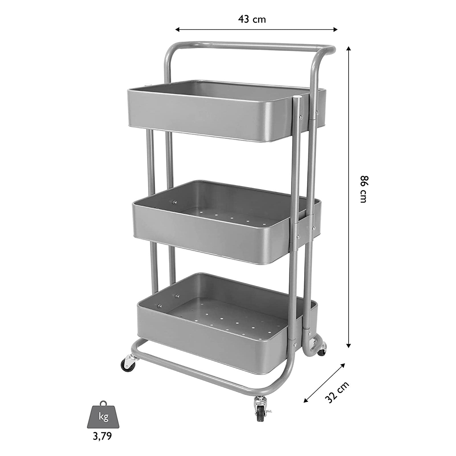 ECHTWERK mobiler Servierwagen für Küche/ Bad/ Büro mit 3 Ebenen Silber