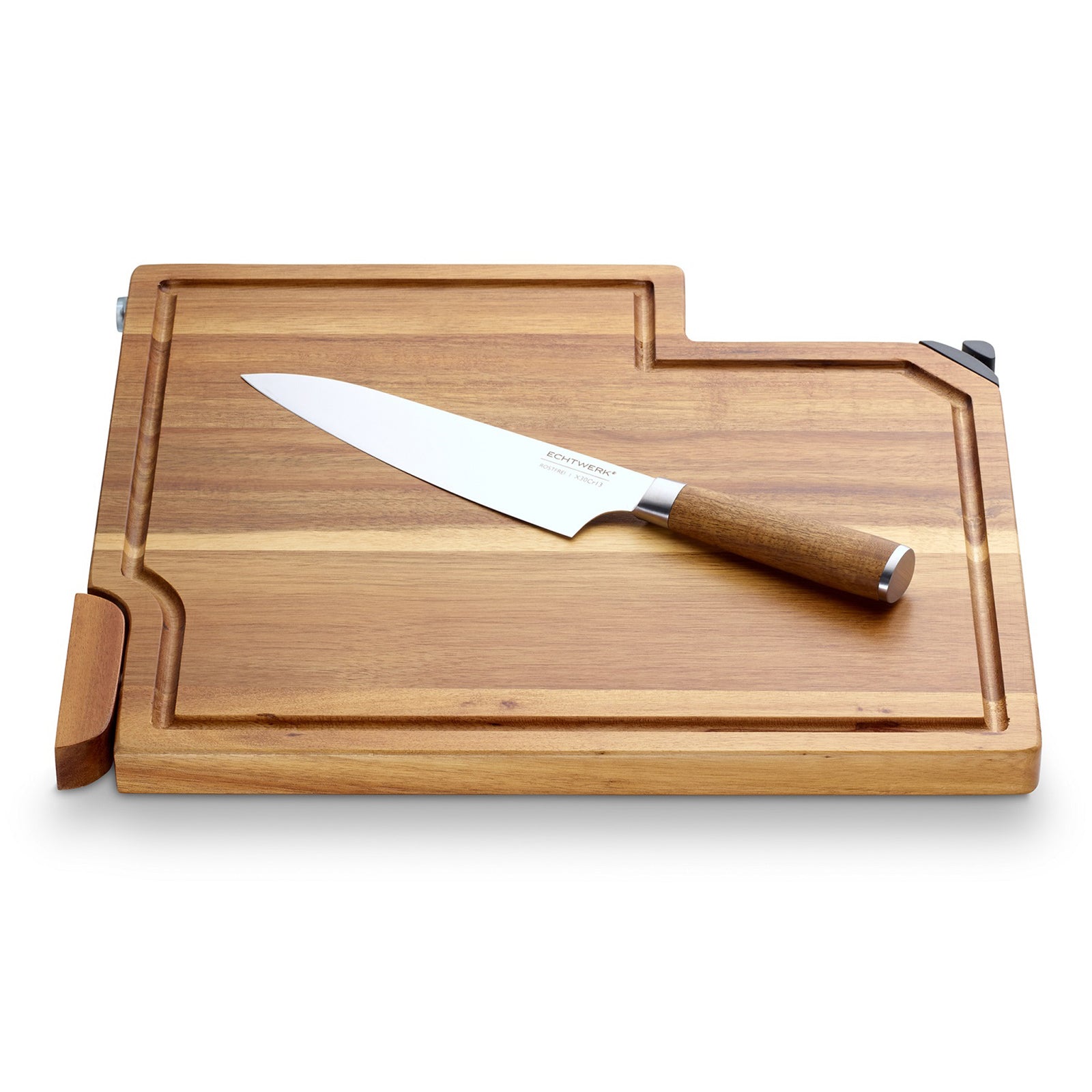 ECHTWERK 2-tlg. Küchen-Set: Schneidebrett aus Akazienholz mit integriertem Messerschärfer inkl. Kochmesser (20 cm) /