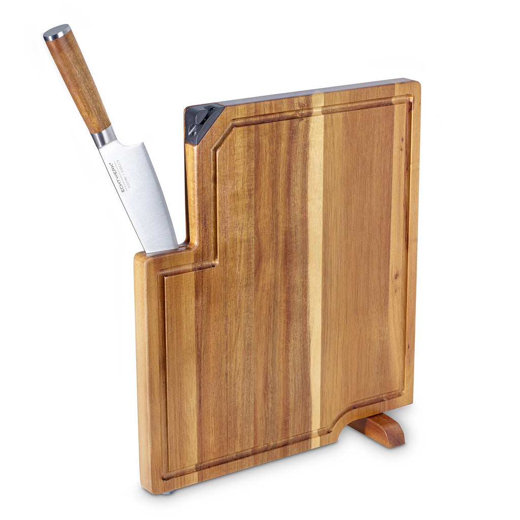 ECHTWERK 2-tlg. Küchen-Set: Schneidebrett aus Akazienholz mit integriertem Messerschärfer inkl. Kochmesser (20 cm) /