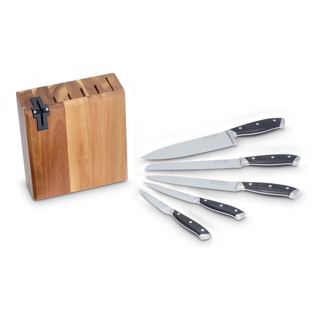 ECHTWERK Messerblock/ Küchenmesser-Set aus Akazienholz mit rutschhemmenden Gummifüßen aus Stahl
