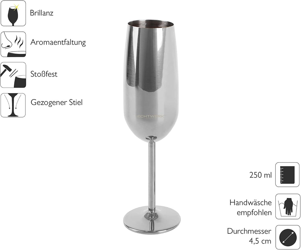 ECHTWERK Sektglas Champagnerglas Silber aus Edelstahl 250 ml