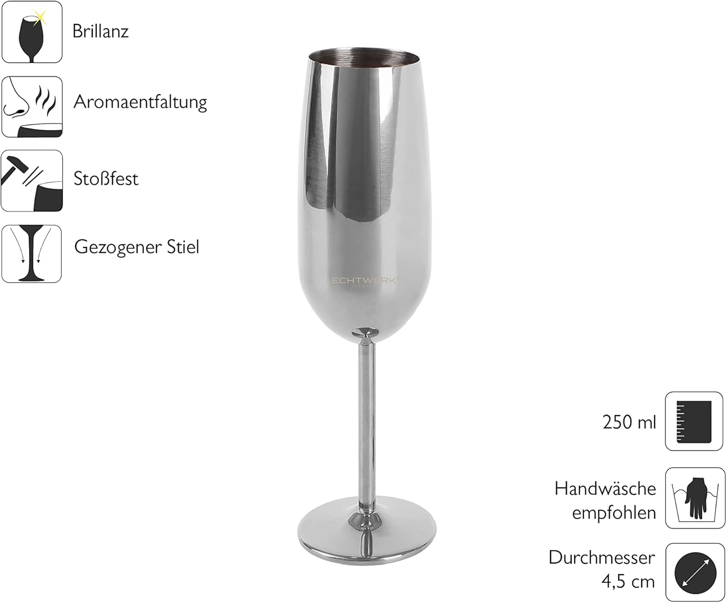 ECHTWERK Sektglas Champagnerglas Silber aus Edelstahl 250 ml