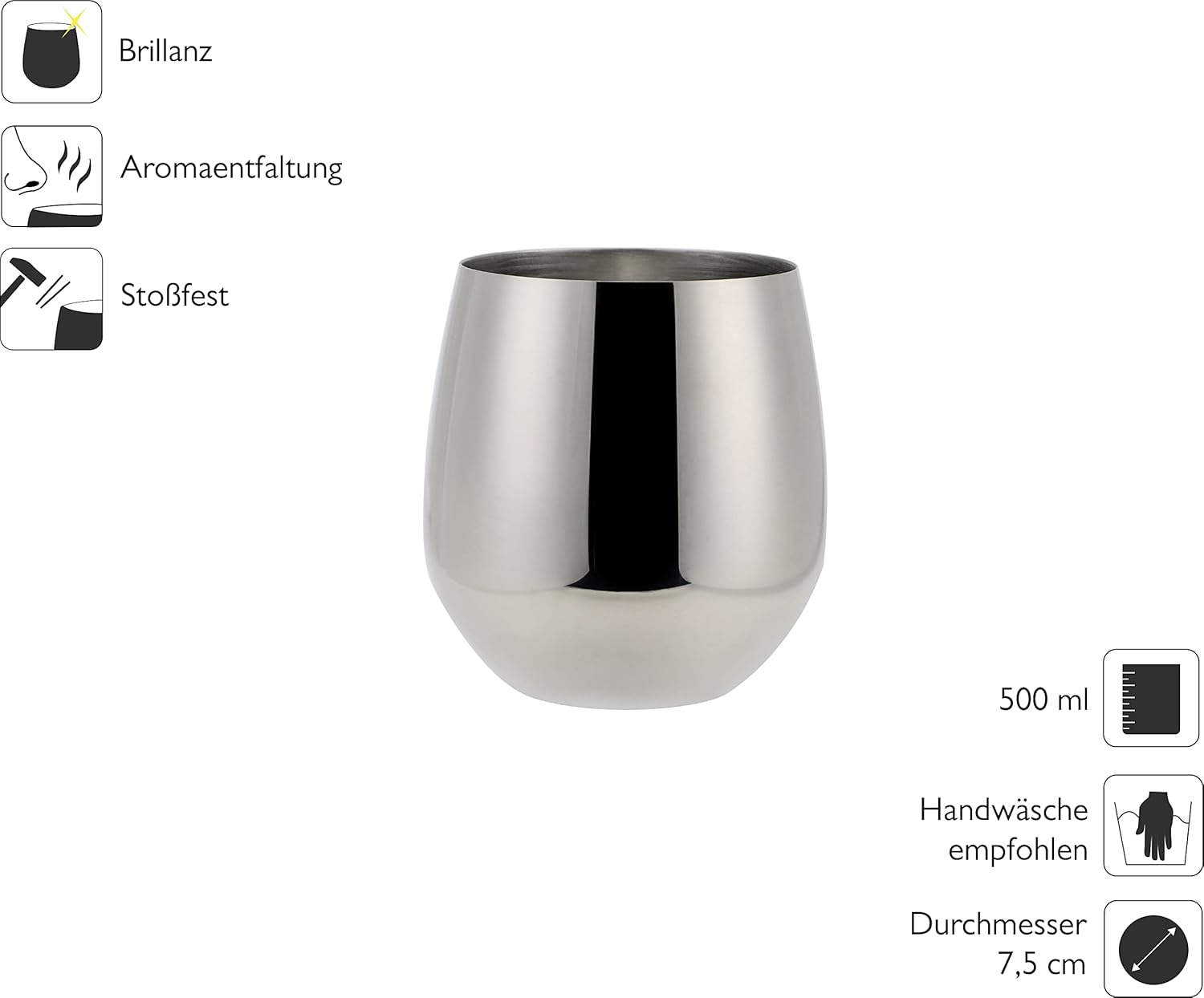 ECHTWERK Weingläser 2-tlg Rotweingläser 500 ml Silber aus Edelstahl