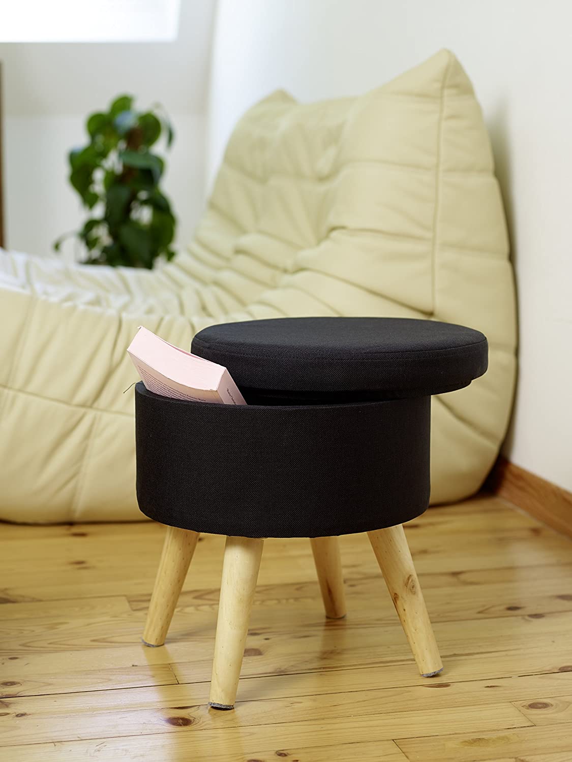 Sitzhocker "Max" mit Holzfüßen und Stauraum