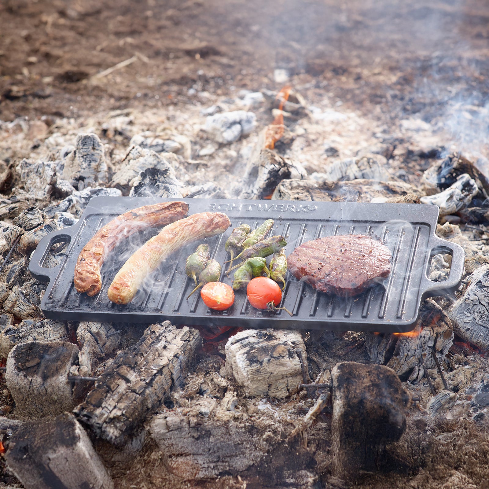 ECHTWERK Grillplatte Big 50,5 × 23 × 1,5 cm aus Gusseisen mit 2 Griffen und Emaille-Beschichtung