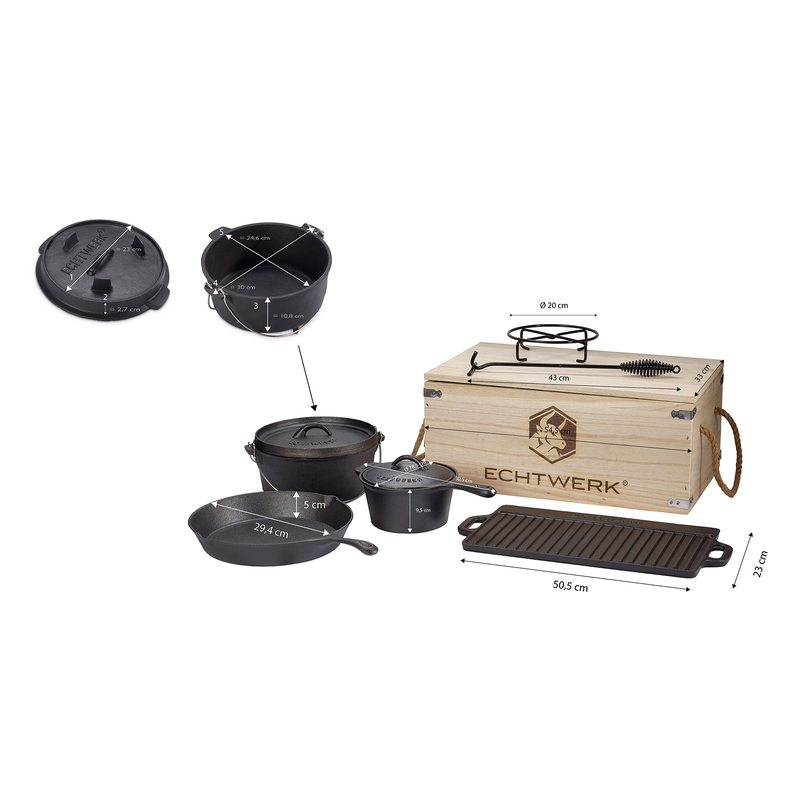 ECHTWERK 7-tlg. Dutch Oven Set aus Gusseisen in Holzkiste