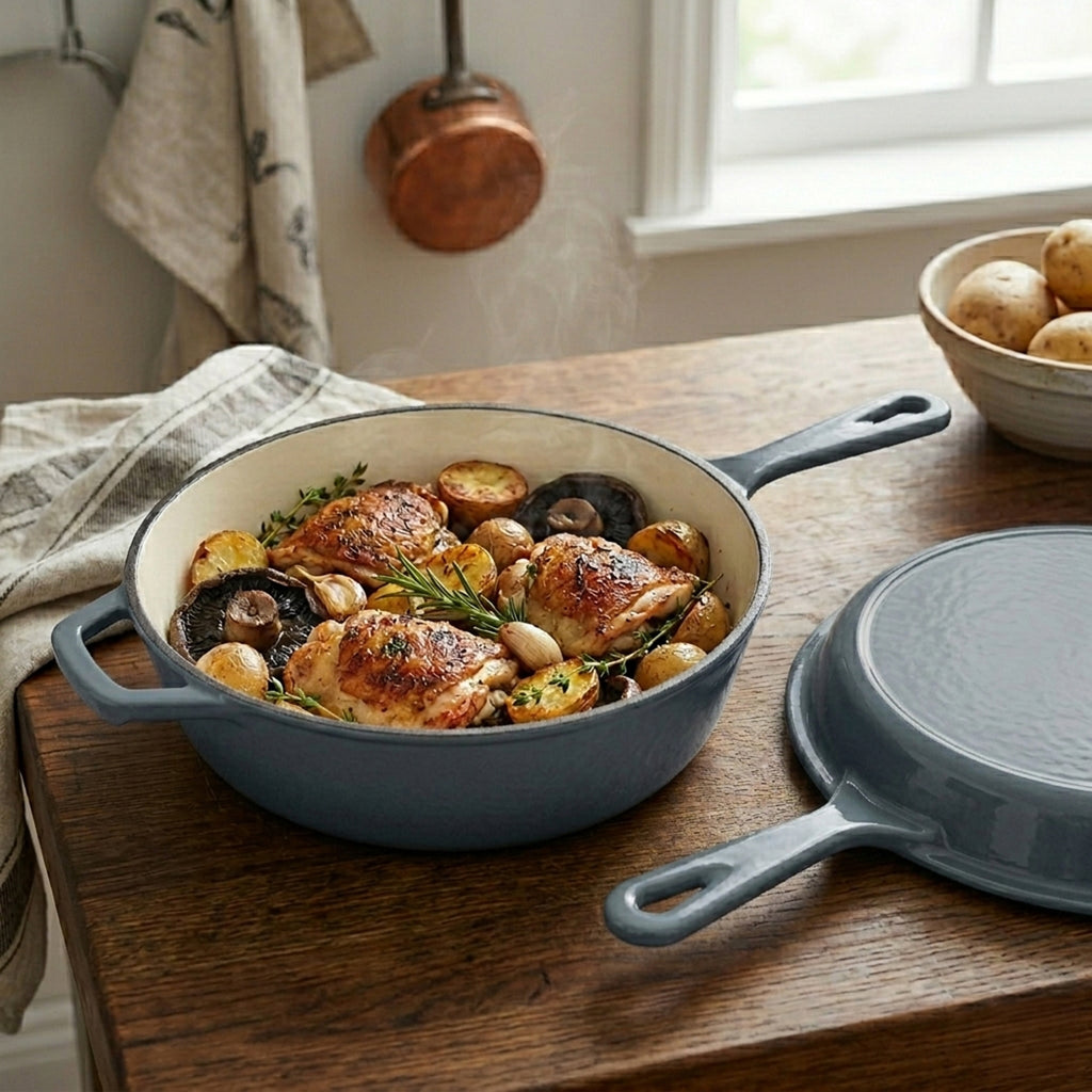 ECHTWERK Schmortopf und Grillpfanne 2-in-1 Set Grau aus Gusseisen 2,5 L