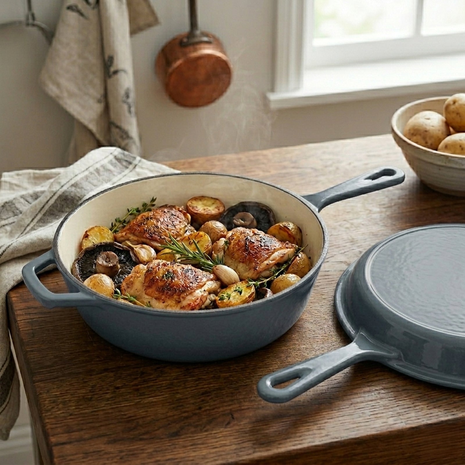 ECHTWERK Schmortopf und Grillpfanne 2-in-1 Set Grau aus Gusseisen 2,5 L
